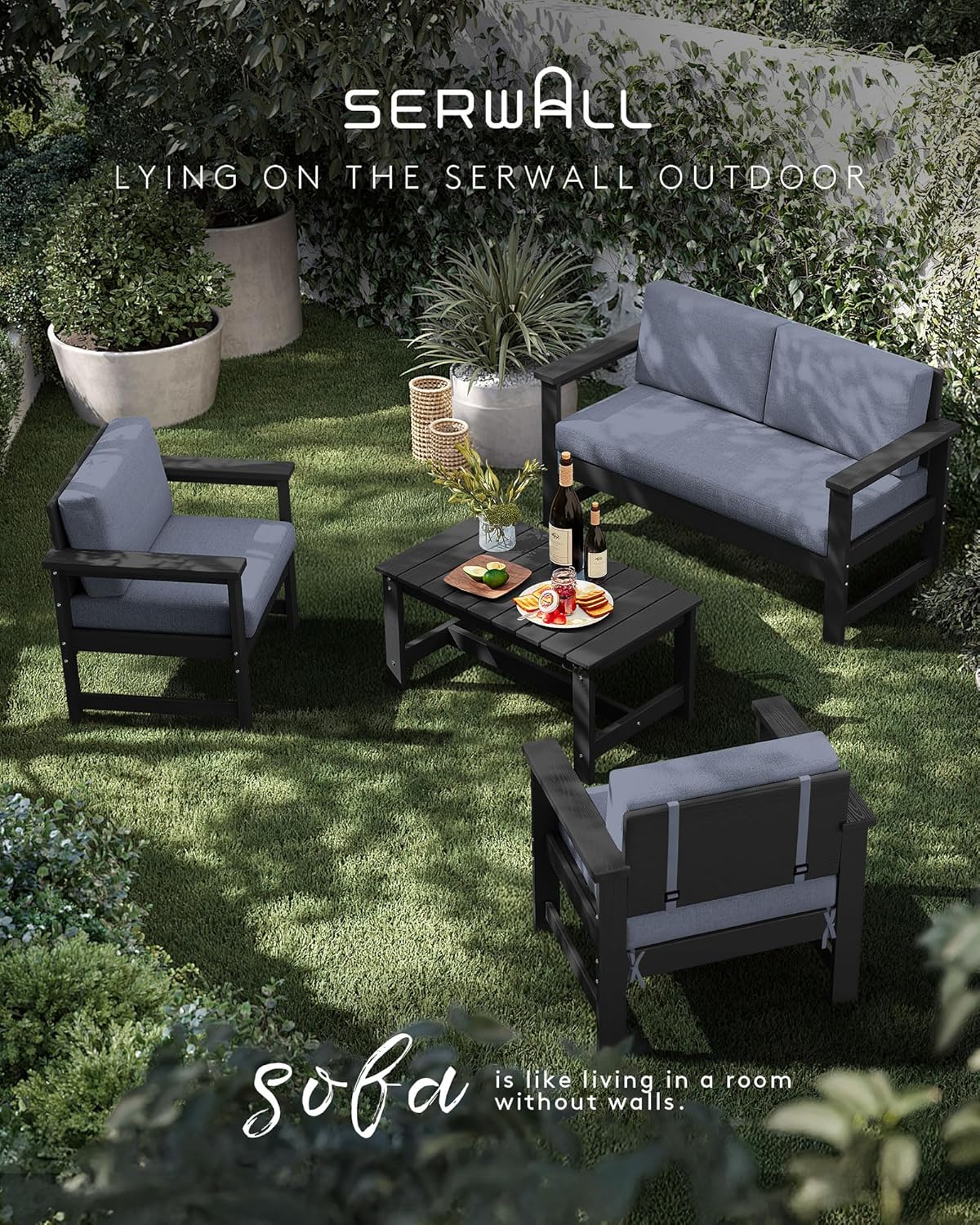 SERWALL Black HDPE Outdoor Loveseat with Grey Cushions, All Weather Use Outdoor Loveseat Sofa, Black Frame with Grey Cushions