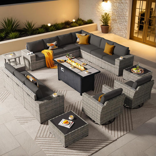 ovios 16 Pieces Patio Furniture Set, Outdoor Wicker Sectional Sofa with 54" Fire Pit Table Swivel Chairs, Modern Modular Deep Seat Rattan Couch Conversation Sets, Black