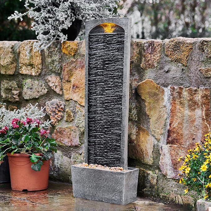 Teamson Home 38.5" Faux Slate Contemporary Outdoor LED Waterfall Fountain with Pebble Base, Gray/Black