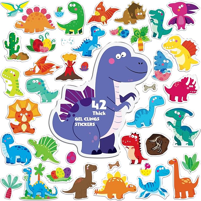 42PCS Dinosaur Jelly Stickers, Thick Window Door Clings Removable Reusable Gel Clings Decals for Kids Toddlers Adults Home Classroom Nursery Animal Theme Party Supplies (Not Edible)