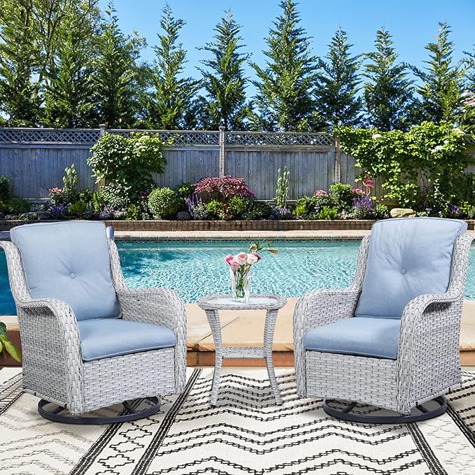 Outdoor Patio Swivel Rocker Chairs - 3 Piece Patio Bistro Set,Wicker Patio Furniture Set with 2 Swivel Rocking Chairs and 1 Glass Top Side Table for Deck Porch Garden,Light Grey/SkyBlue