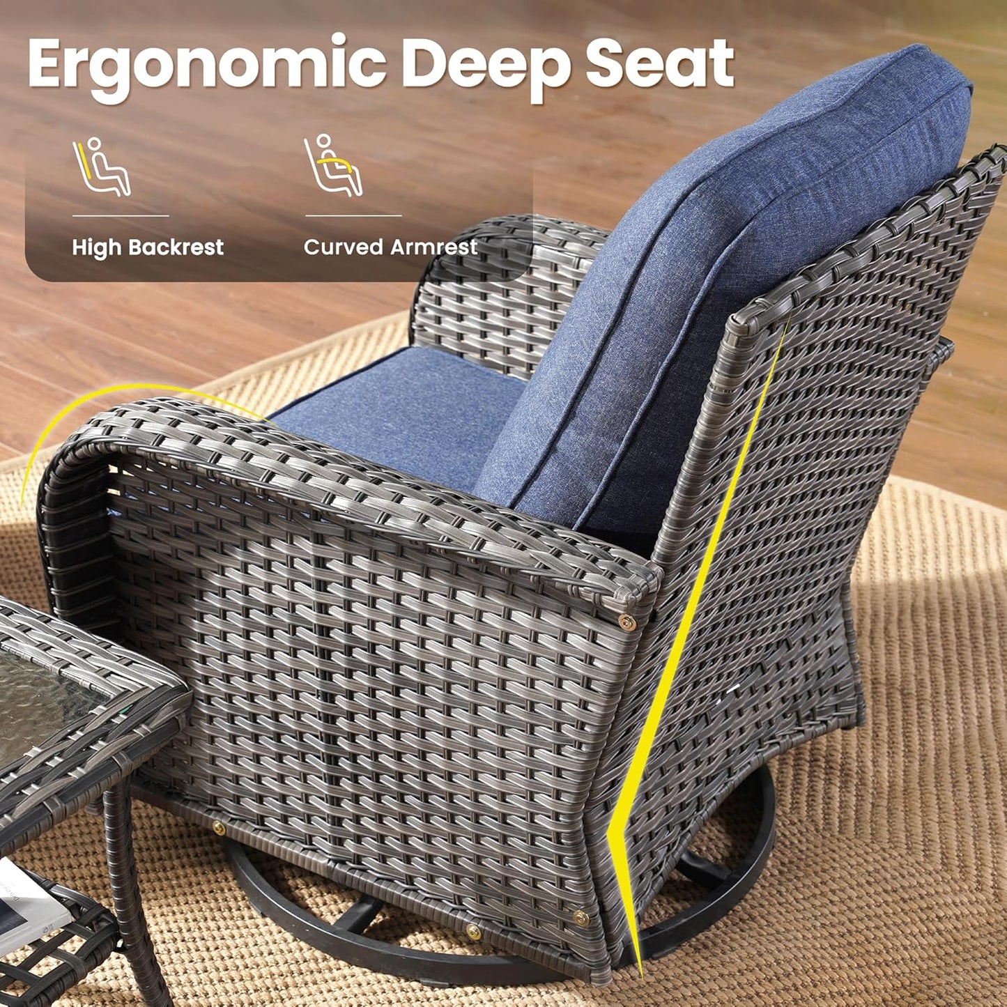 ovios 5 Pieces Patio Furniture Set, Outdoor Wicker Sofa with Swivel Chairs, Coffee Table, All Weather High Back Rattan Loveseat Couch with Comfy Cushions, Denim Blue