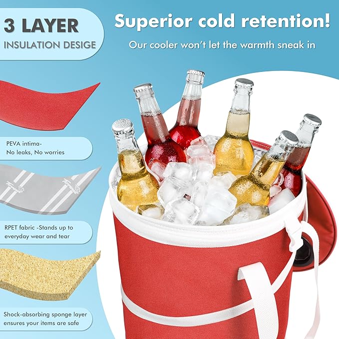 Tirrinia Large Pop-Up Golf Cooler Bag- Insulated Collapsible Cooler with Flat Drink Table for Golf Cart, Lightweight and Portable Ice Beach Cooler for Travel, Fishing, Picnics, Hiking, Camping