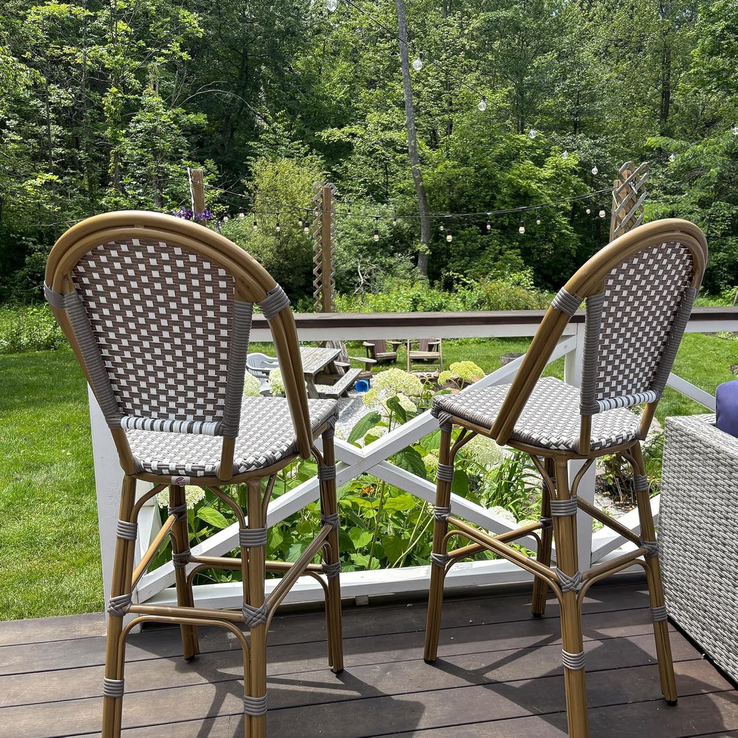 PURPLE LEAF French Counter Height Bar Stool Set of 4 25" Bamboo Print Finish Patio Bar Chairs with Back Rattan Bar Chairs French Bistro Set for Kitchen Outdoor Counter Stool Grey