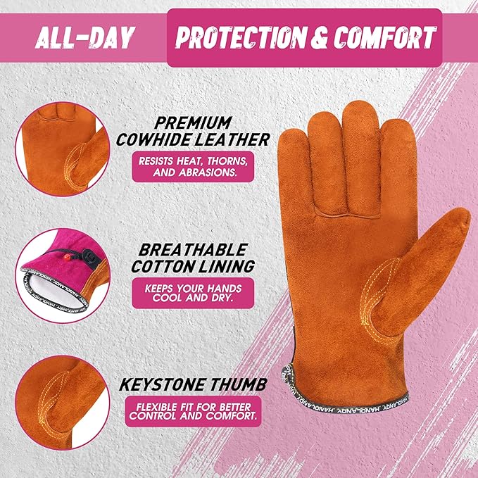 HLDD HANDLANDY Leather Work Gloves for Men & Women, Adjustable Wrist Cowhide Gardening Glove with Reinforced Palm for Driver