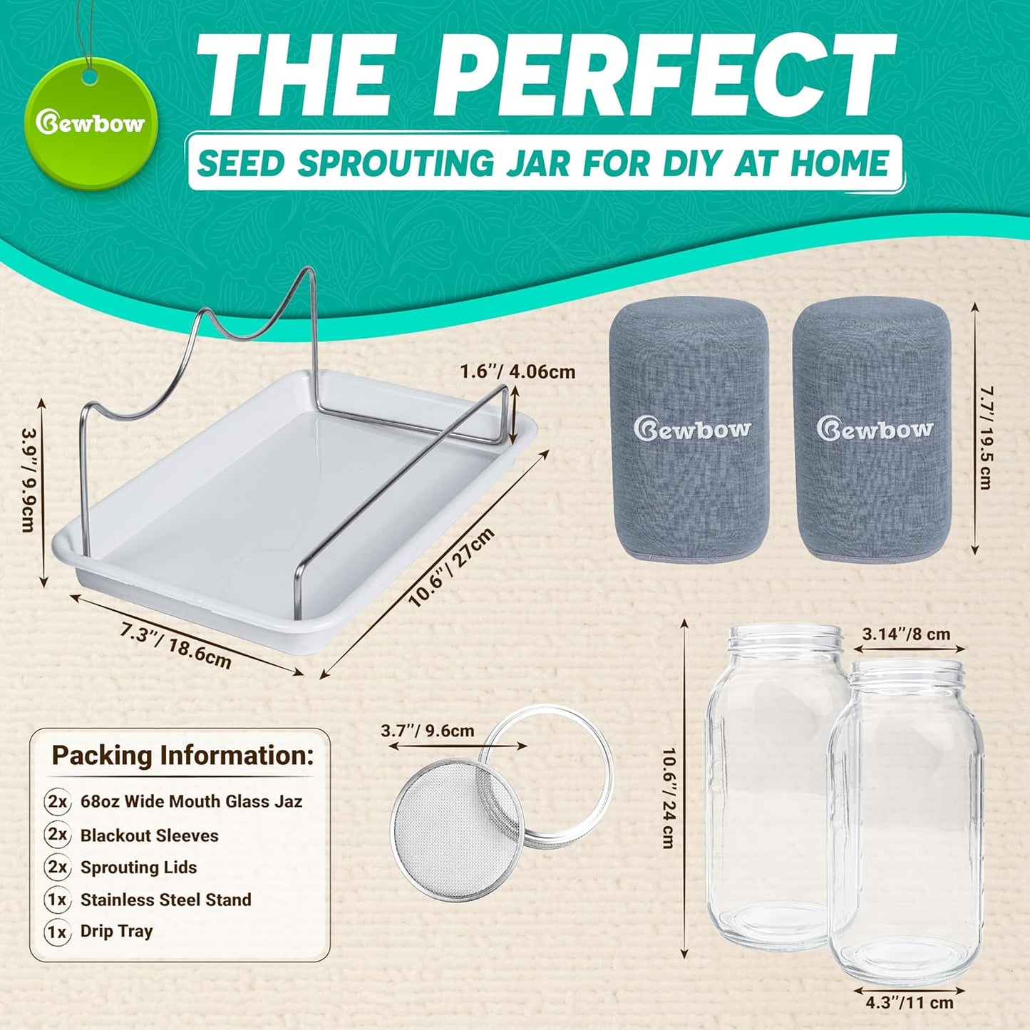 [LARGE SIZE] 2000ml(68oz) Seed Sprouting Mason Jar Kit with Stand,Drain Tray, Screen Lids,Blackout Sleeves,Good Ventilation & Drainage Capacity,Growing Fresh Organic Mung Beans,Broccoli & Microgreens