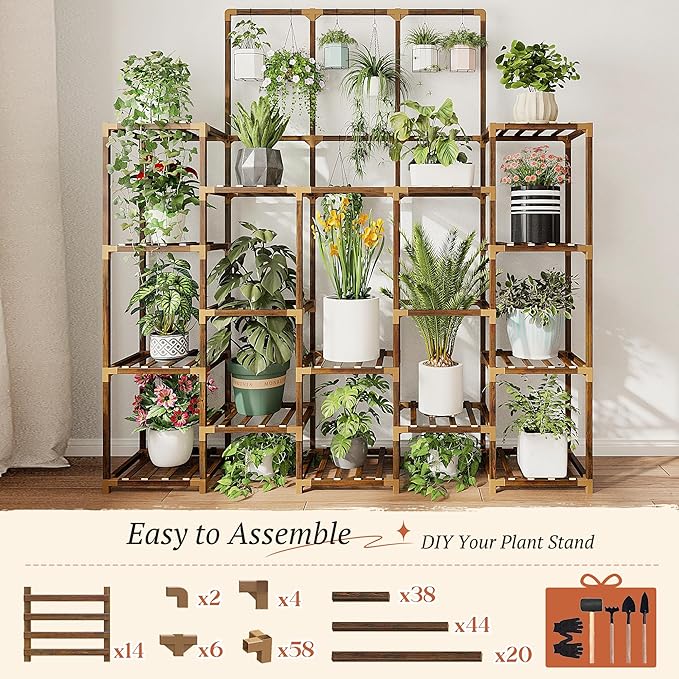 EnHomee 63''H Upgrade Plant Stand Indoor Tall Plant Stands Outdoor with 7 Tiers and 14 Potted Wood Plants Shelves Stand Load-Bearing 600 LBS 11.8''x56''x63''