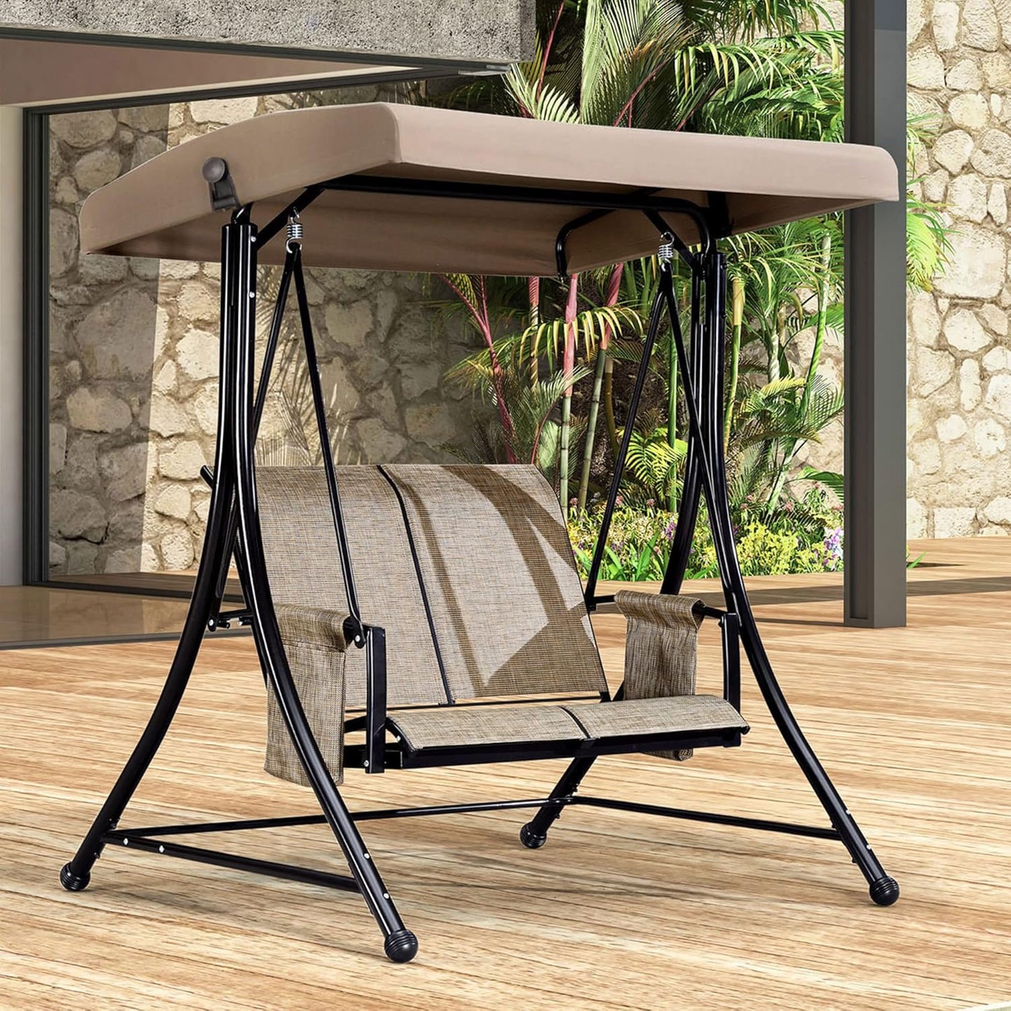 PURPLE LEAF 2-Seat Deluxe Outdoor Patio Porch Swing with Weather Resistant Steel Frame, Adjustable Tilt Canopy, Beige