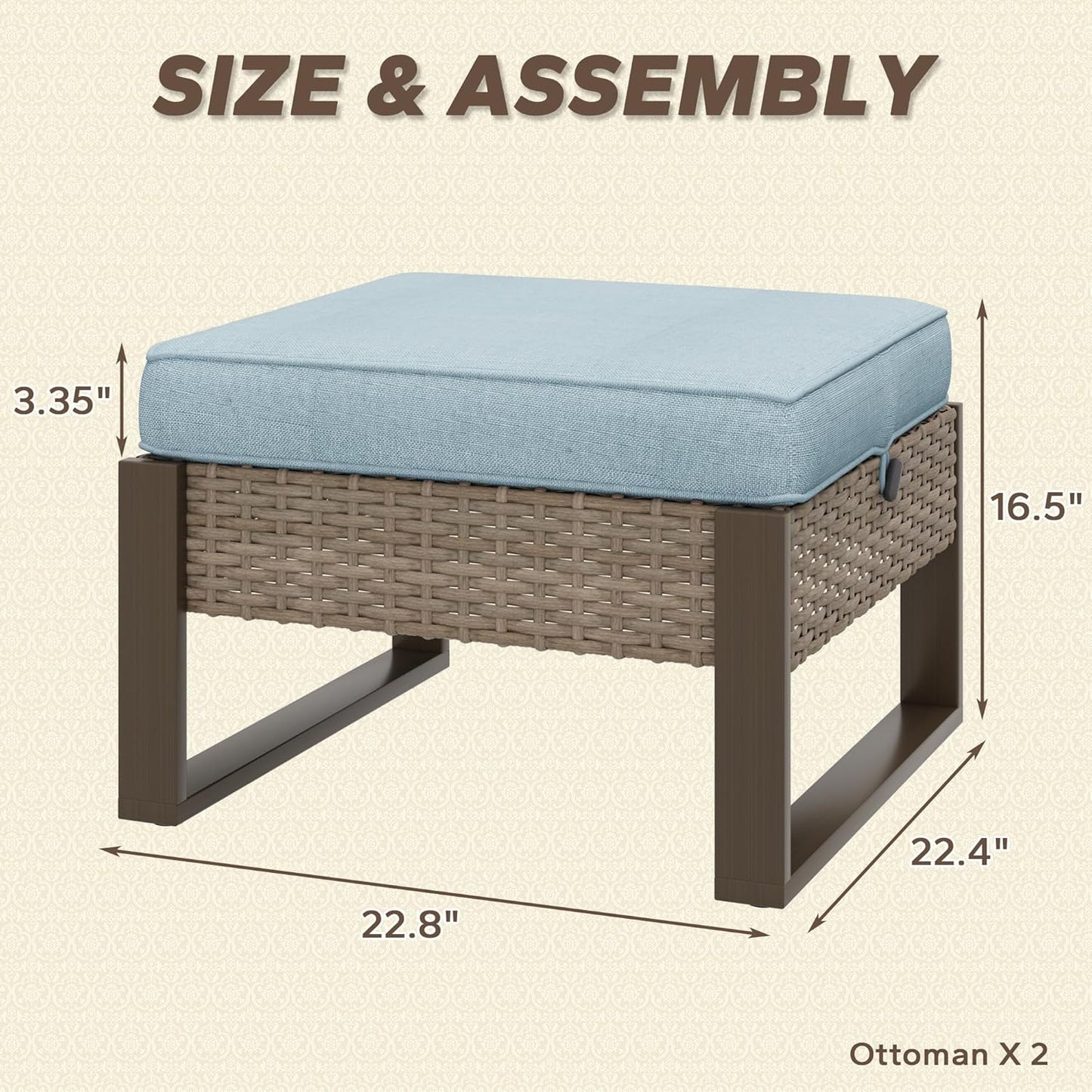 Patio Metal Wicker Ottoman Set of 2, Outdoor PE Rattan Footstools with Removable Cushions & Metal Steel Framed Legs for Garden Backyard Porch Deck, Baby Blue