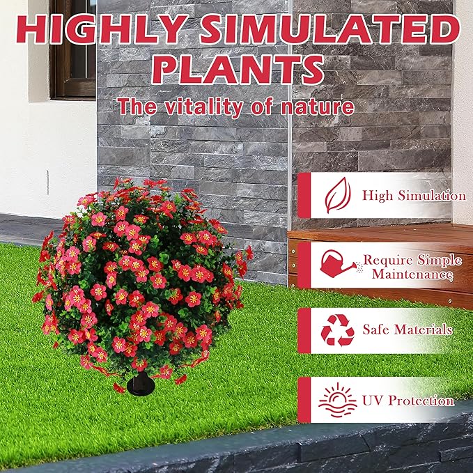 Sunnyglade Set of 2 Artificial Boxwood Topiary Ball Trees with Red Flower, Faux Shrub Bushes with Ground Spike 25.5", UV Resistant Fake Boxwood Plants for Indoor, Garden, Porch, Patio Decor (Red)