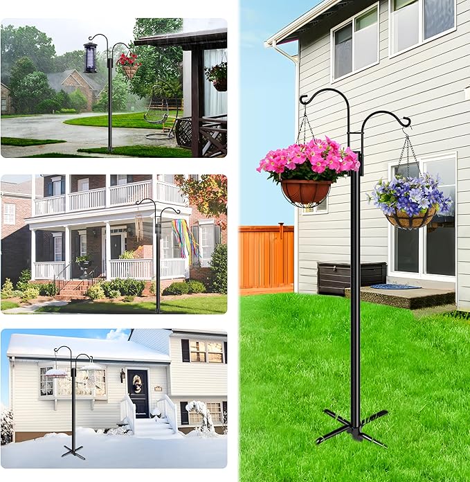 XDW-GIFTS Double Shepherds Hooks for Outdoor, 2-Pack Heavy Duty Garden Pole for Hanging Bird Feeder, Plant Baskets, Solar Light Lanterns, Garden Plant Hanger Stands with 5 Base Prongs