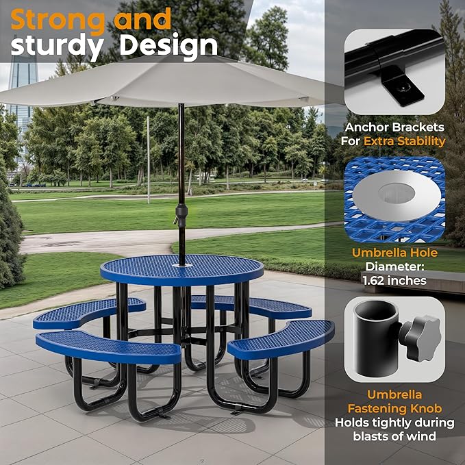 Metal Picnic Tables for Outdoors with Umbrella Hole - Coated Steel Heavy Duty Commercial Grade Table with Adjustable Seats (Blue, 38 in, Round, Expanded Steel)