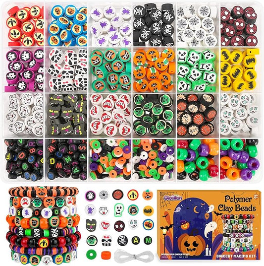 Gionlion 700 Pcs Halloween Polymer Clay Beads Bracelet Making Kit, Pumpkins Skulls Ghosts Spiders Bats Pony Letter Beads for Halloween Party Favors, Toys Gifts for 4+ Year Old Kids