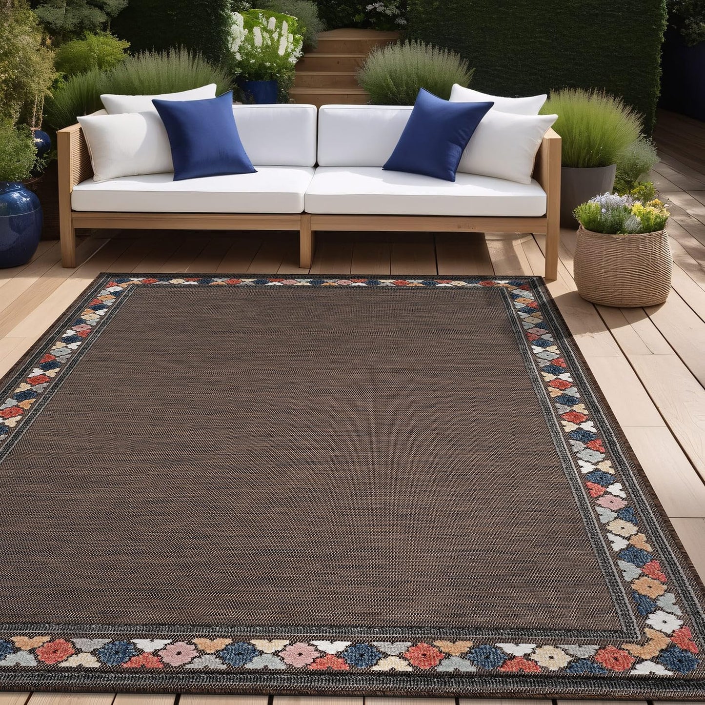 Beverly Rug Outdoor Rug 10x14 Modern Bordered Large Area Rugs for Indoor and Outdoor Patio Easy to Clean Non Shedding Living Room Porch Garden Washable Outside Carpet (10 x 14 Brown)