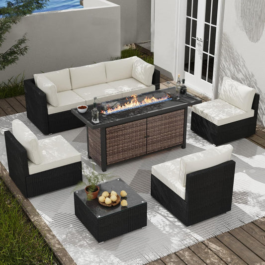 25-Pc Patio Furniture Set - 7 Piece Outdoor Rattan Sofa Set with 57" Fire Table and 17 Accessories, Modular Sofa Set for Garden/Poolside, Beige/Black