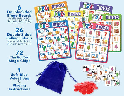 Party Hearty Alphabet and Number, ABC and 123 Bingo Board Game for Kindergarten and Preschool Kids Learn to Read Fun 2 Versions for Ages 4 and Up (Food Edition)