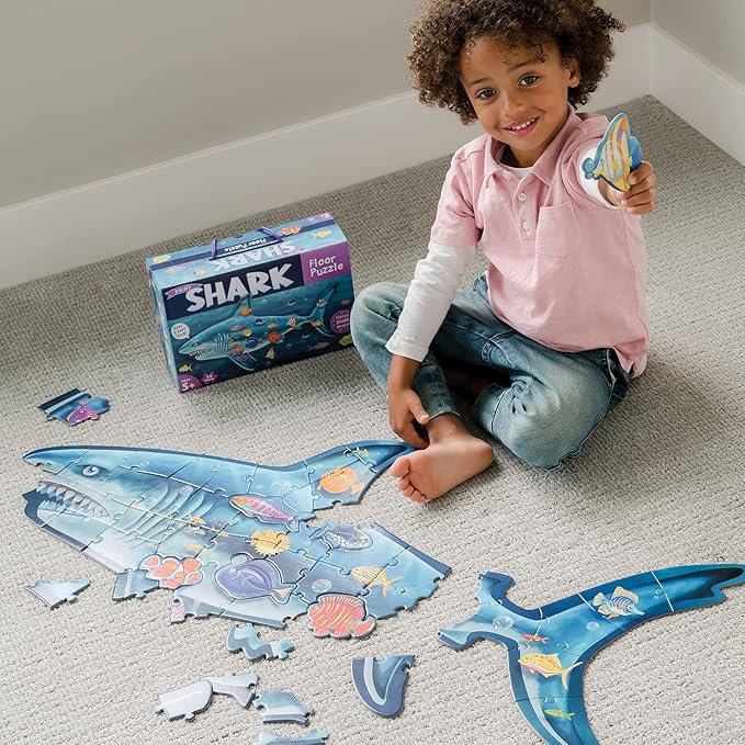 Peaceable Kingdom Shiny Shark Floor Puzzle – 53-Piece Giant Floor Puzzle for Kids Ages 5 & up – Fun-Shaped Puzzle Pieces – Great for Classrooms