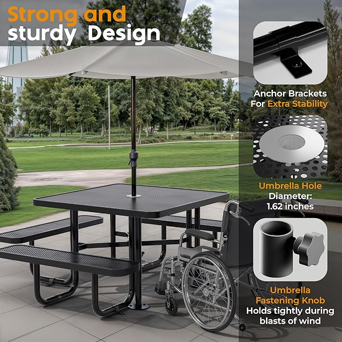 Metal Picnic Tables for Outdoors with Umbrella Hole - Coated Steel Heavy Duty Commercial Grade Table with Adjustable Seats (Black, 46 in, Square, Punched Steel)