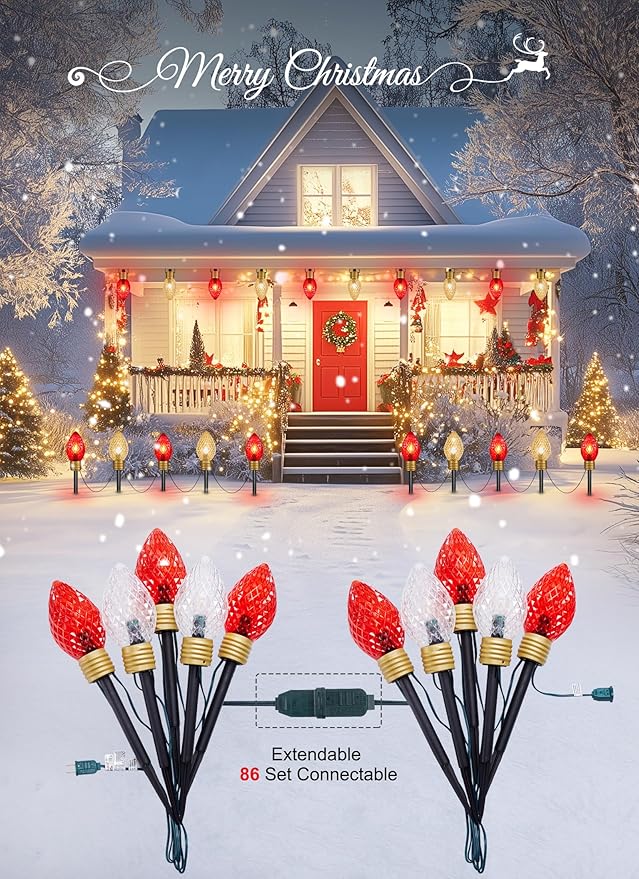 Moonflor Strawberry Jumbo C9 Christmas Lights Outdoor - 2 Pack Total 17FT 10 LED Jumbo C9 Christmas Pathway Lights Outdoor, C9 Walkway Lights, Christmas Decoration for Outside Lawn, Red & Warm White