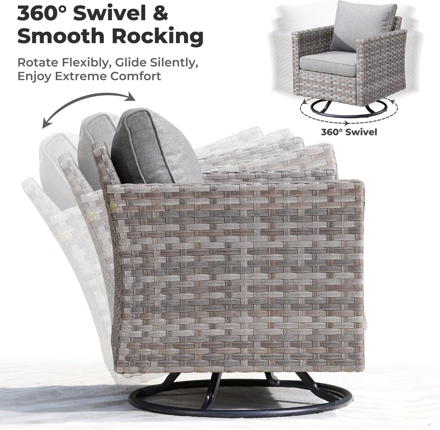 ovios 10 Pieces Patio Furniture Set, Outdoor Wicker Sectional Sofa with 42" Fire Pit Table Swivel Chairs, Modern Modular Deep Seat Rattan Couch Conversation Sets, Dark Grey