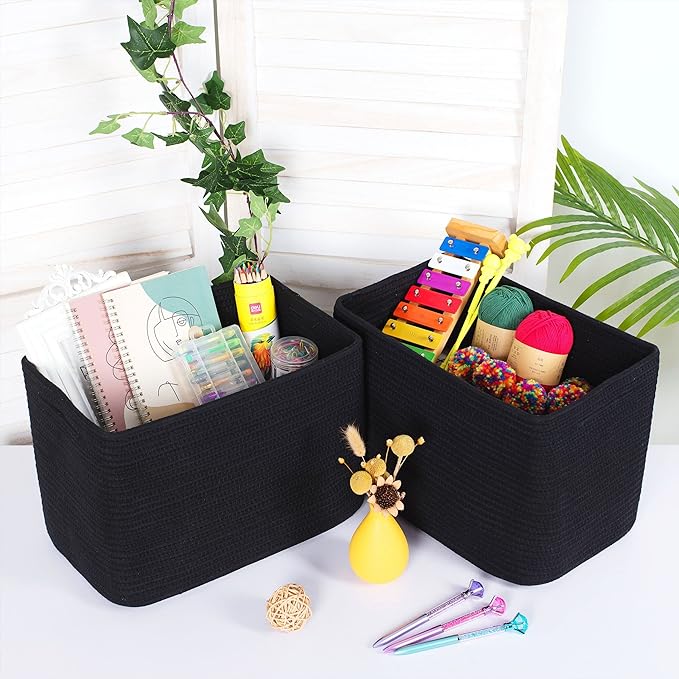 MINTWOOD Design Storage Basket for Shelves, Decorative Baskets for Organizing, Book Basket, Storage Cube Bin Box, Woven Closet Organizer, Pantry Closet and Shoe Basket, Full Black