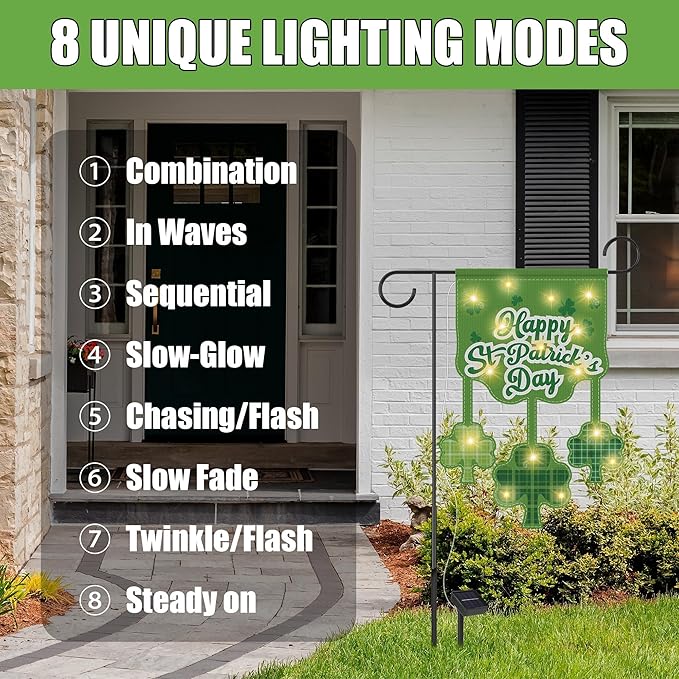 6 Set Seasonal Garden Flags 8 Modes Solar LED Double Sided 12 x 18 Inch Small Yard Flag Outdoor Lighted Spring Summer Easter Memorial St. Patrick's Day Valentine Garden Decor for All Seasons