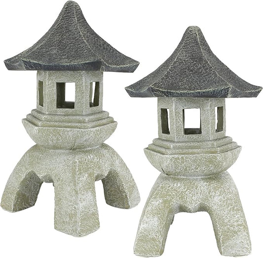 Design Toscano Asian Decor Pagoda Lantern Indoor/Outdoor Statue, Set of 2 Large, Cast Stone Resin, Two Tone Stone Finish
