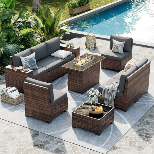 UDPATIO Patio Furniture Set with Fire Pit Table, 8 Inch Armrest Outdoor Sectional Sofa, 9 Piece Wicker Outdoor Furniture Conversation Sets with Waterproof Cover for Backyard Deck(Brown/Dark Grey)