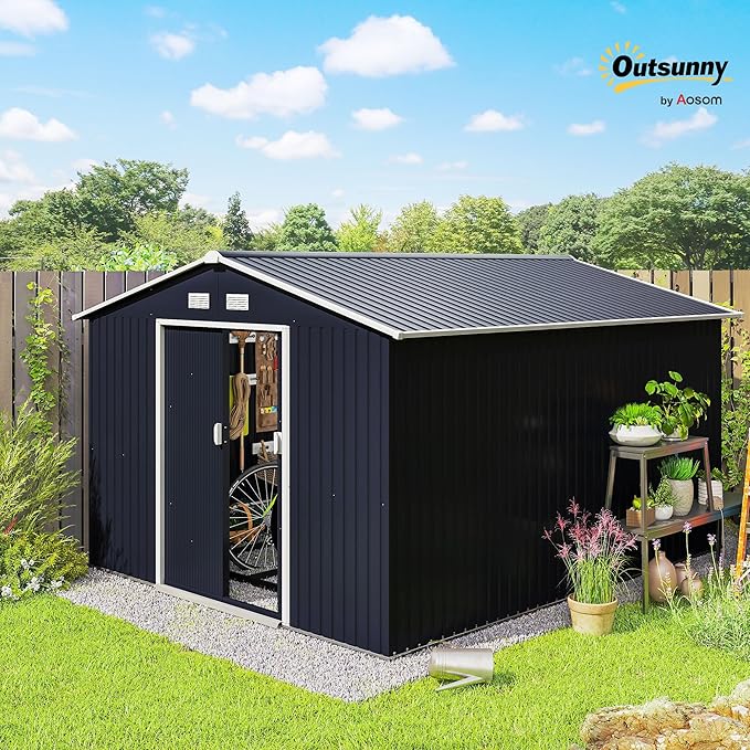 Outsunny 11' x 9' Outdoor Storage Shed, Garden Tool Metal Shed with Foundation Kit, Double Lockable Door, Air Vents and Sloping Roof, for Backyard, Patio, Lawn, Dark Gray