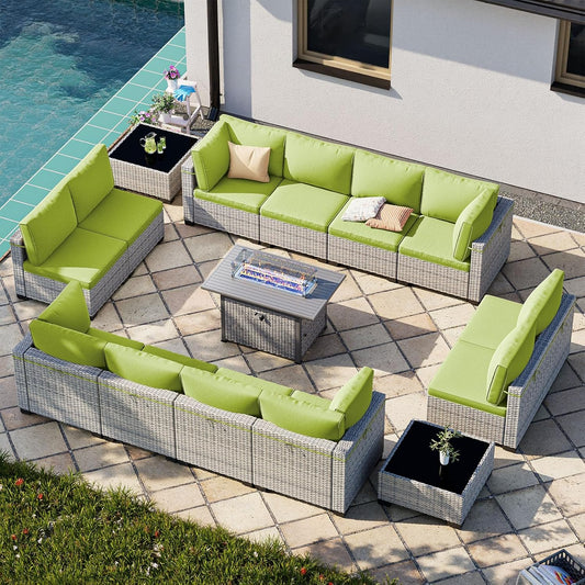 15-Piece Patio Furniture Set, Outdoor Patio Furniture with 55,000 BTU Fire Pit Table, Thick Cushions, Modular Patio Sofa, Dual-Strand Wicker Rattan, Rust-Resistant Frame, Grass Green