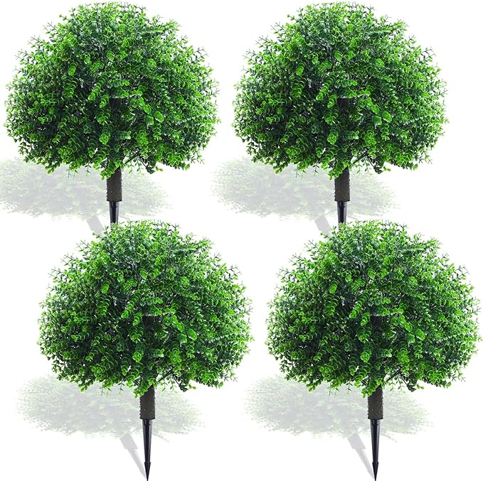 Yunlly 4 Pcs 18 Inch Artificial Boxwood Ball Topiary Tree Fake Outdoor Plants Bush, UV Resistance Faux Shrubs with Spike Realistic Greenery Potted for Indoor Garden Yard Porch Patio Decor (Green)