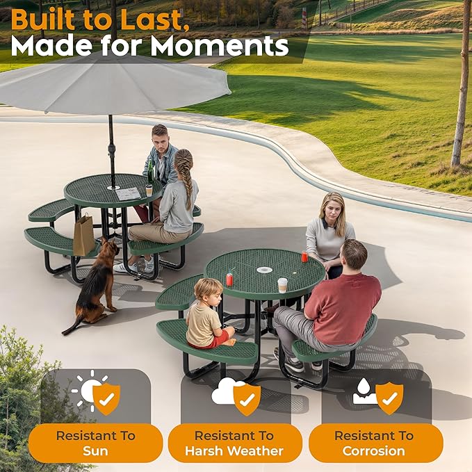 Metal Picnic Tables for Outdoors with Umbrella Hole - Coated Steel Heavy Duty Commercial Grade Table with Adjustable Seats (Green, 38 in, Round, Expanded Steel)