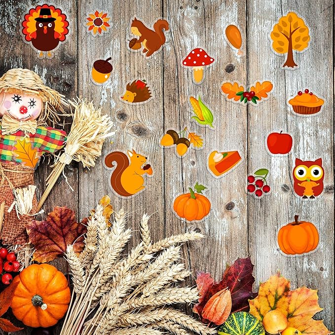 20 PCS Autumn Clings Fall Thick Gel Cling Window Gel Decals Stickers for Kids, Toddlers and Adults Home Airplane Classroom Nursery Autumn Fall Thanksgiving Party Supplies Decorations (Thanksgiving)