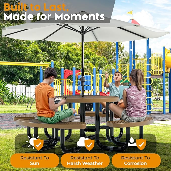Metal Picnic Tables for Kids for Outdoors with Umbrella Hole - Coated Steel Heavy Duty Commercial Grade Table with Adjustable Seats (Brown, 38 in, Kids, Expanded Steel)