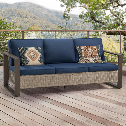 75" Patio Metal Wicker Sofa, All Weather Outdoor Rattan 3-Seat Sofa Couch with Premium Cushions & Rectangular Framed Wood-Looking Metal Armrest for Garden Backyard Porch Deck, Dark Blue