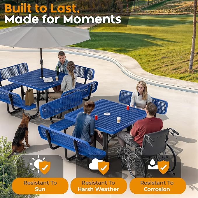 Metal Picnic Tables for Outdoors with Umbrella Hole - Coated Steel Heavy Duty Commercial Grade Table with Adjustable Seats (Blue, 46 in, Square with Back, Expanded Steel)