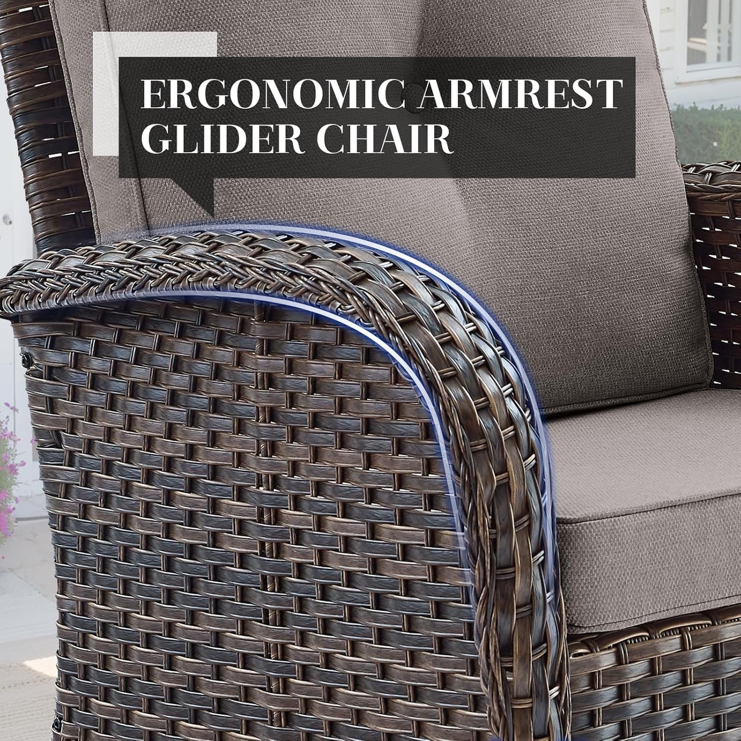 HUMMUH 5 Pieces Wicker Patio Furniture Set,Outdoor Swivel Gliders Rocker,Patio Ottomans,Glass Top Side Table,Outdoor Conversation Set for Porch Deck Backyard Poolside