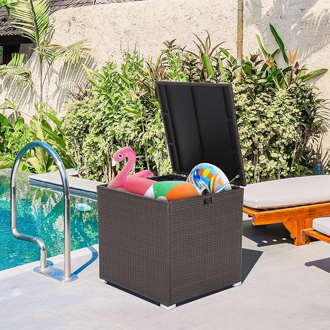 RELAX4LIFE Outdoor Storage Box 72-Gallon - Outside Wicker Storage Bin with Waterproof Zippered Liner, Gas Strut, Package Delivery Boxes for Outside, Accessories, Garden Tools Storage Deck Box