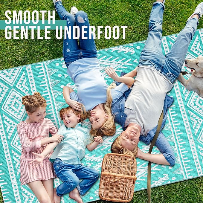 OLANLY Outdoor Rug Waterproof 5x8 ft, Reversible Outdoor Plastic Straw Rug, Boho Patio Rug, Indoor Outdoor Carpet, RV Mat Outside for Patio, Camp, Picnic, Balcony, Deck, Backyard, Turquoise & White