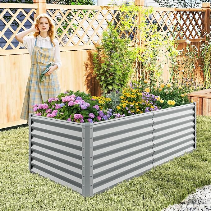 Giantex 6x3x2ft Raised Garden Bed, Large Metal Elevated Rectangular Planter Bed, 271 Gallon Capacity, Outdoor Planting Garden Box for Vegetable Flower Herb Grow (Grey)
