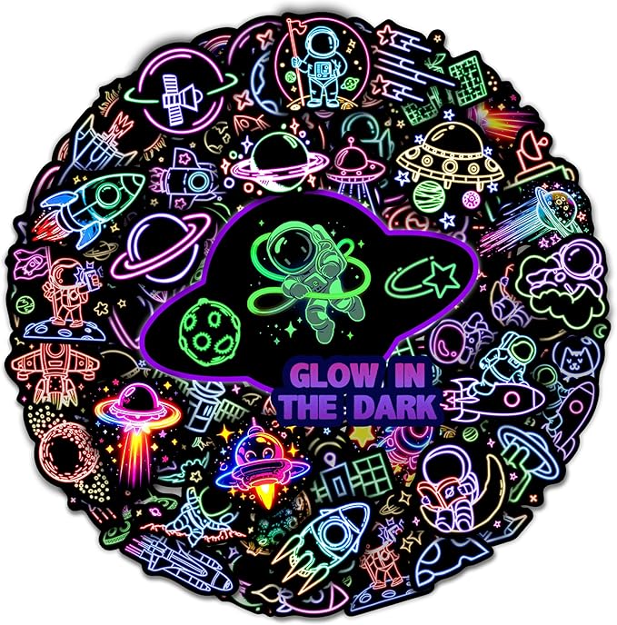 52 Pcs Neon Astronaut Stickers for Kids Glow in The Dark, Waterproof Space Sticker for Water Bottle, Vinyl Laptop Decals for Teens Girls Boys, Students Adults Sticker Pack