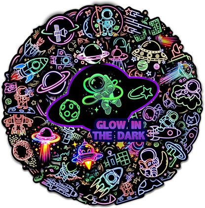 52 Pcs Neon Astronaut Stickers for Kids Glow in The Dark, Waterproof Space Sticker for Water Bottle, Vinyl Laptop Decals for Teens Girls Boys, Students Adults Sticker Pack
