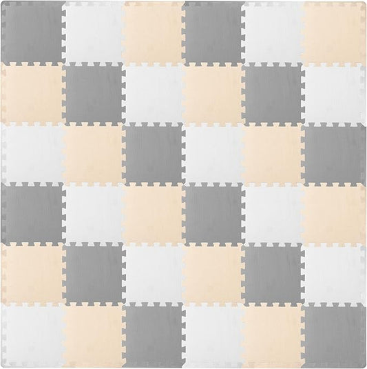 ProSource Foam Puzzle Floor Play Mat for Kids and Babies with Solid Colors, 36 or 16 Interlocking Tiles with Borders, White/Grey/Beige