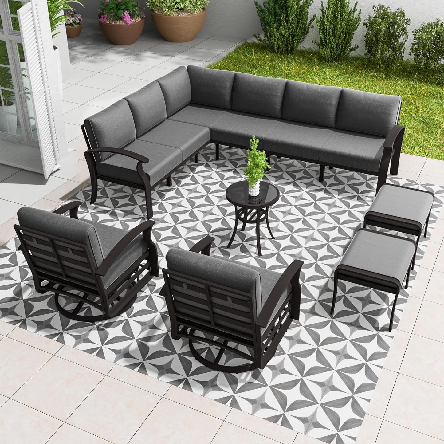 Aluminum Patio Furniture Set, 10 Seats Outdoor Patio Conversation Set with Swivel Chair Modern Metal Patio Sectional Sofa with Coffee Table for Patio, Backyard(Grey).