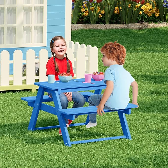 Costaelm Kids Picnic Table, HDPE All Weather Outdoor Toddler Picnic Table and Chair Set Kids Bench for Patio, Backyard, Garden, Lawn, Pacific Blue
