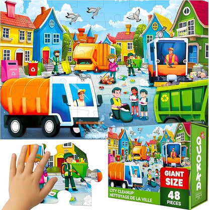 QUOKKA Giant Floor Puzzle for Kids Ages 4-6 – 2x3 Feet Extra-Thick 48 Pieces Toddler Puzzle Ages 3-5 – Garbage Trucks Educational Activity for Boys Girls – Premium Box with Sturdy Handle & Magnetic