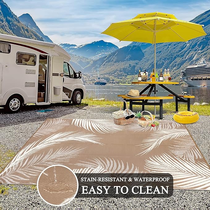 Pauwer Waterproof Outdoor Rug 10x14, Reversible Plastic Straw Patio Camping Rug, Indoor Outdoor RV Mat Carpet for Deck, Camper, Porch, Balcony, Backyard, Picnic, Leaf Brown