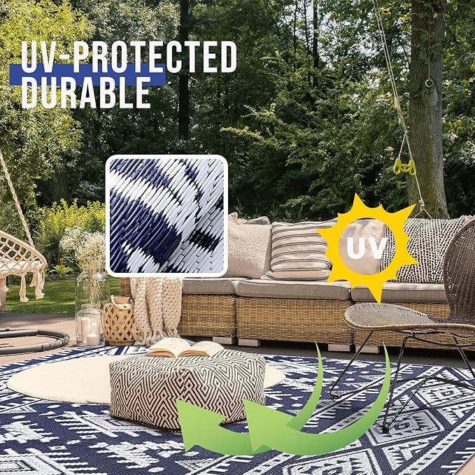 OLANLY Outdoor Rug Waterproof 5x8 ft, Reversible Outdoor Plastic Straw Rug, Boho Patio Rug, Indoor Outdoor Carpet, RV Mat Outside for Patio, Camp, Picnic, Balcony, Deck, Backyard, Navy & White