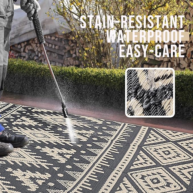 OLANLY Outdoor Rug Waterproof 4x6 ft, Reversible Outdoor Plastic Straw Rug, Boho Patio Rug, Indoor Outdoor Carpet, RV Mat Outside for Patio, Camp, Picnic, Balcony, Deck, Backyard, Black & Beige