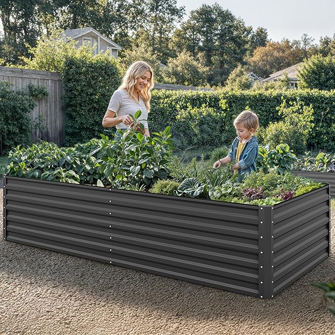 YITAHOME 8x4x2ft Large Raised Garden Bed Kit, Galvanized Metal Planter Box with Gloves, Ground Nails, Support Rod & Safety Rubber, Outdoor Above Ground Planters for Plants Vegetables Flowers, Black